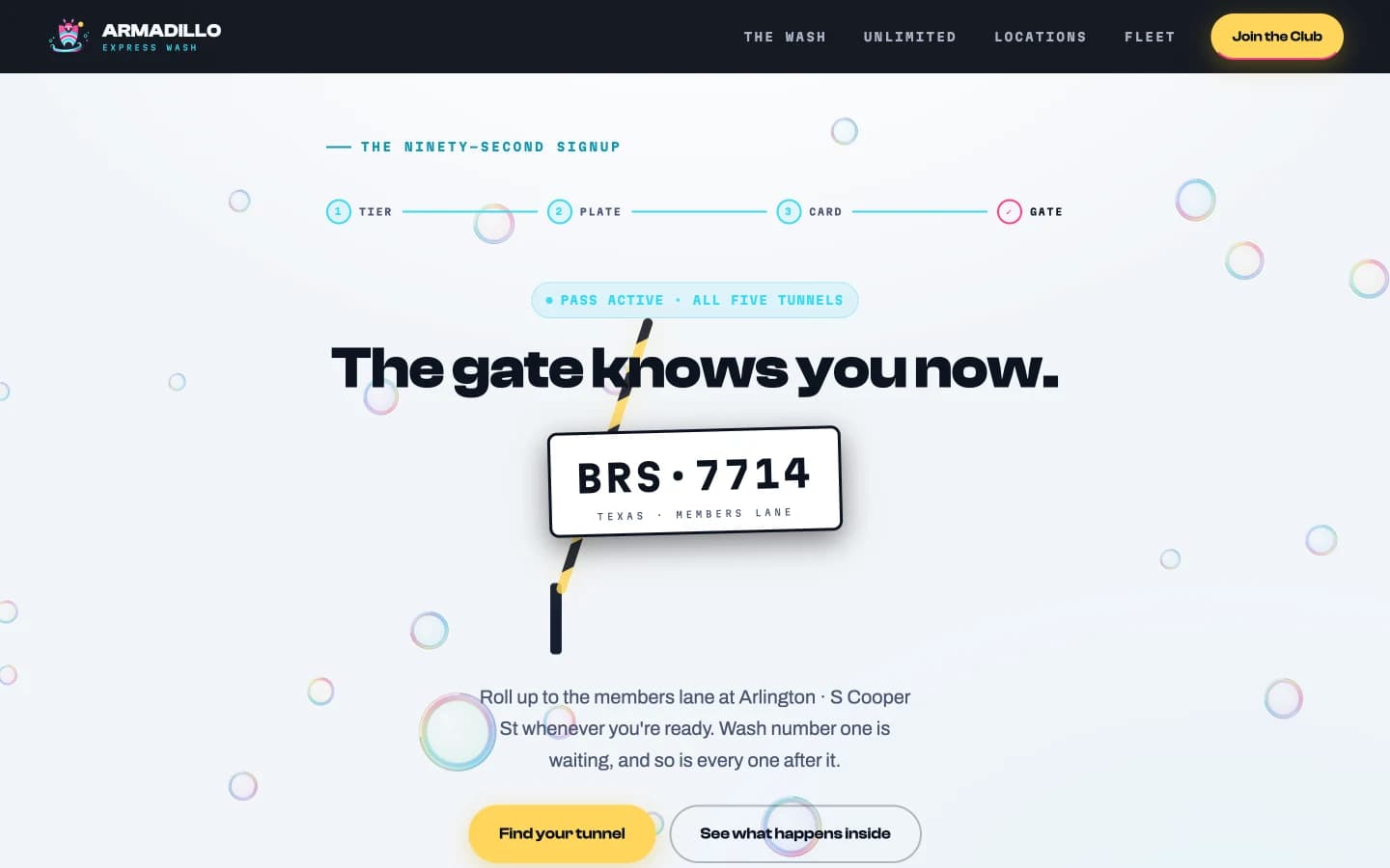 The signup confirmation: a four-step progress rail reading Tier, Plate, Card, Gate with the first three marked done, above the headline 'The gate knows you now,' a Texas plate reading BRS 7714, and a striped gate arm lifted behind the plate.