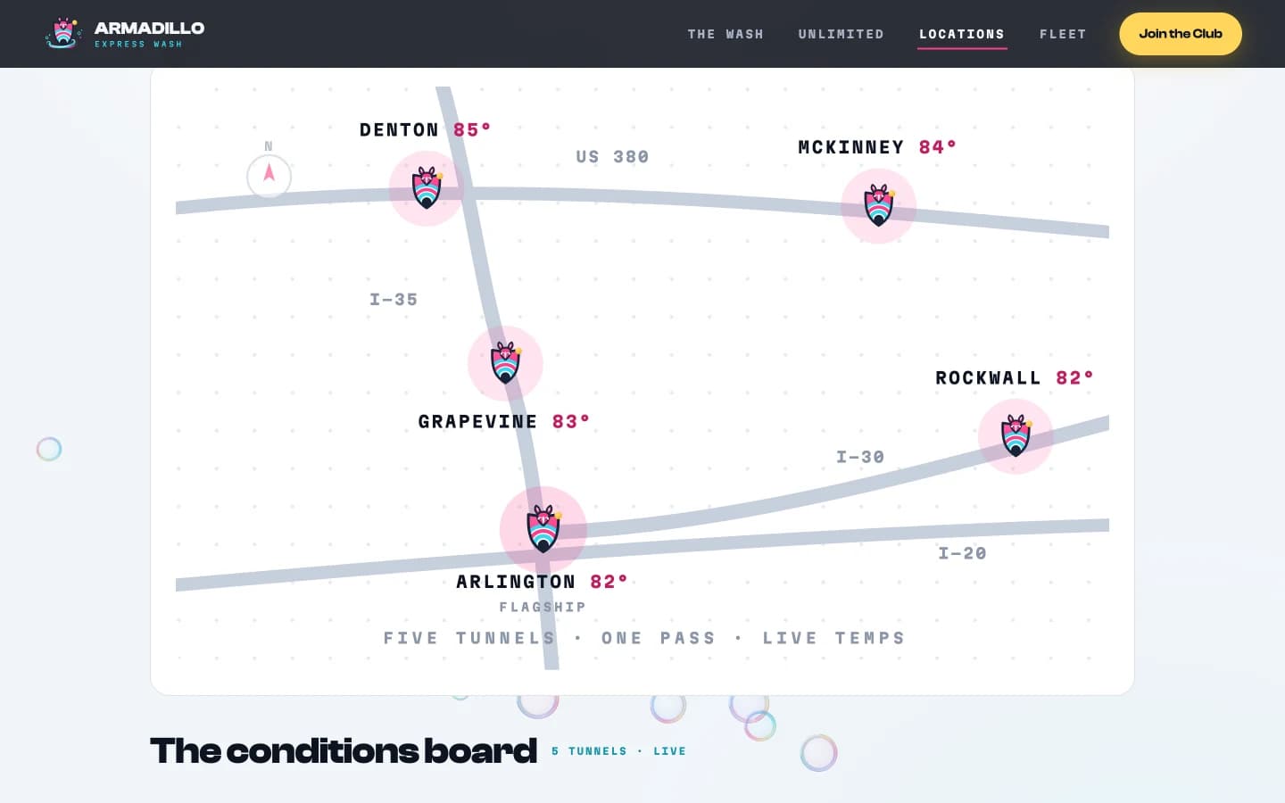 The North Texas chain map: five armadillo-shield pins in soft magenta halos for Denton, McKinney, Grapevine, Arlington, and Rockwall on stylized gray highways, each city label carrying its live temperature in magenta, with Arlington tagged Flagship and a caption reading Five Tunnels, One Pass, Live Temps.