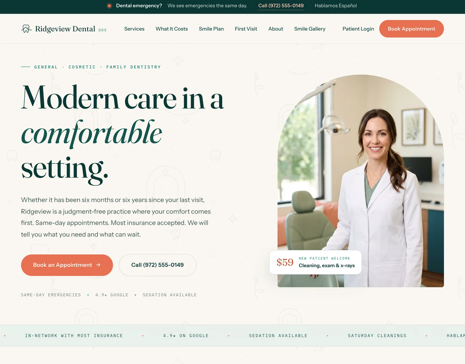 The Ridgeview home page hero: the evergreen emergency band, the tooth-and-ridgeline logo mark in the nav, the serif headline 'Modern care in a comfortable setting.', the $59 new-patient chip over Dr. Parker's arch-masked portrait, and the mono trust marquee running beneath.