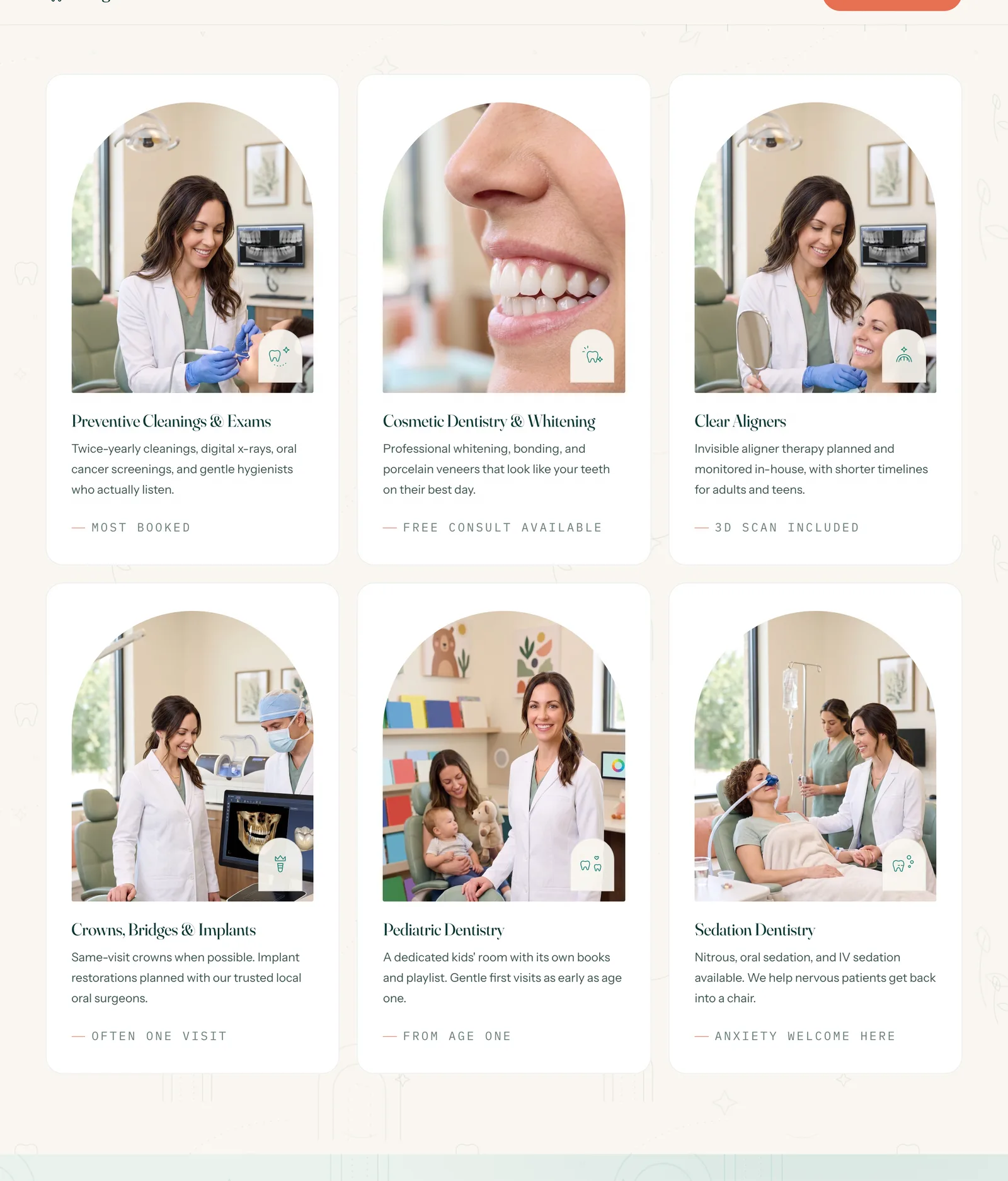 The services grid: six cards, each topped by an arch-masked photograph, a cleaning in progress, a close profile of a bright natural smile, Dr. Parker holding a mirror for an aligner patient, an implant plan on a chairside monitor, a mom and toddler in the kids' room, a patient resting under a blanket with nitrous, each with the line-art service mark as a badge on the photo's corner.