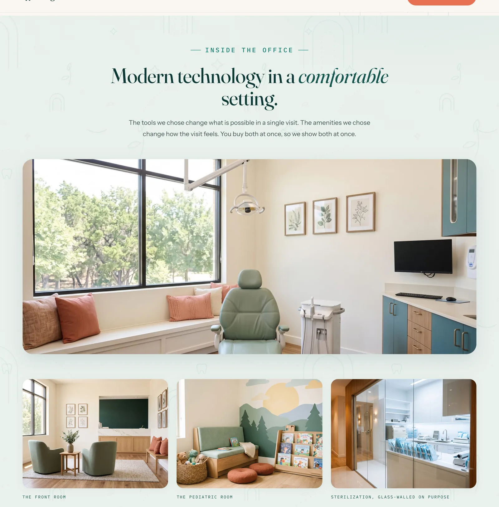 The office tour: a wide photograph of a Ridgeview operatory in warm window light above the two-column ledger pairing each technology with a comfort, 3D scans with overhead Netflix, same-day crowns with heated massage chairs, the sedation suite with glass-walled sterilization.