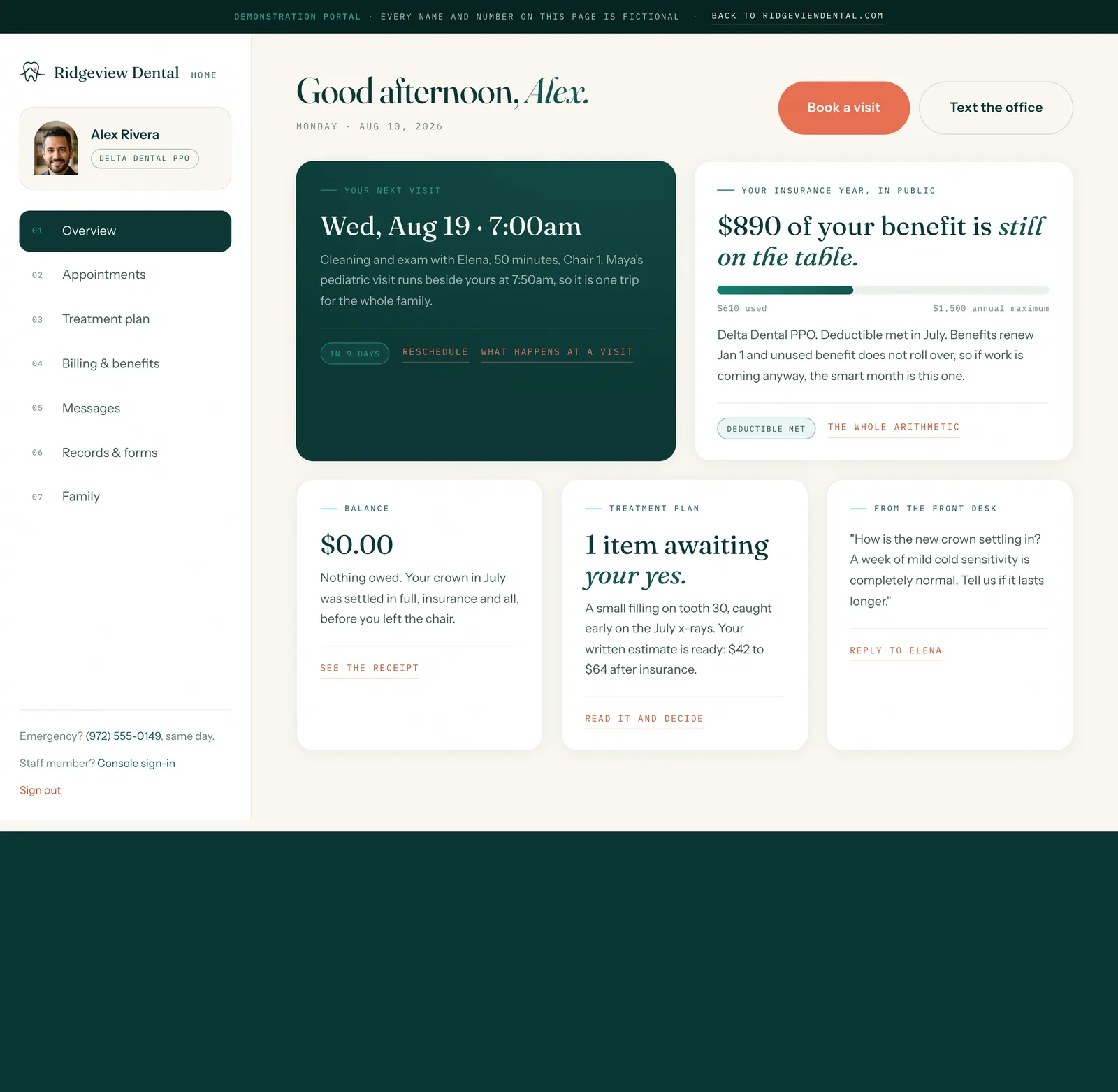 The Ridgeview patient portal: Alex Rivera's photo in an arch-masked avatar above the portal nav, a benefits meter reading '$890 of your benefit is still on the table' over an animated bar, a $0 balance card, and the next family visit computed and waiting.