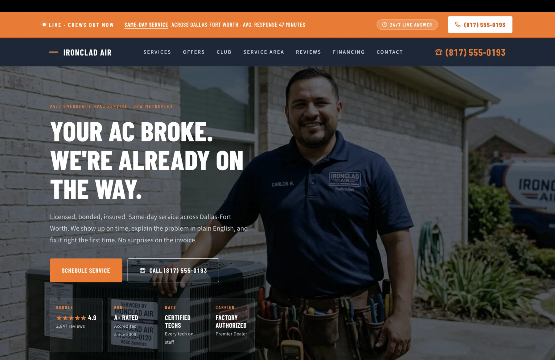 HVAC contractor design brief layout, with tap-to-call hero, Comfort Club membership, and TACLA license in the footer