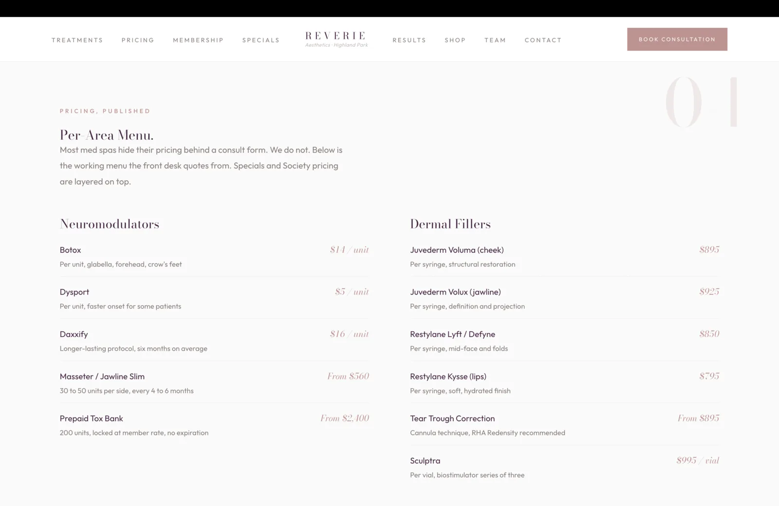 Pricing surface: a calm cream field with a coral eyebrow reading Pricing, Published, then a plum serif headline reading "Per-Area Menu." A faint coral 04 sits in the upper-right corner. Beneath the headline, a short paragraph explains most med spas hide their pricing behind a consult form and that this practice does not, with a note that Specials and Society pricing are layered on top. Two columns of priced line items follow. Left column under Neuromodulators: Botox at $14 per unit, glabella, forehead, crow's feet. Dysport at $5 per unit, faster onset for some patients. Daxxify at $16 per unit, longer-lasting protocol, six months on average. Masseter and Jawline Slim from $560, 30 to 50 units per side, every 4 to 6 months. Prepaid Tox Bank from $2,400 for 200 units, locked at member rate, no expiration. Right column under Dermal Fillers: Juvederm Voluma cheek at $895 per syringe, structural restoration. Juvederm Volux jawline at $925 per syringe, definition and projection. Restylane Lyft and Defyne at $850 per syringe, mid-face and folds. Restylane Kysse lips at $795 per syringe, soft, hydrated finish. Tear Trough Correction from $895, cannula technique, RHA Redensity recommended. Sculptra at $995 per vial, biostimulator series of three.