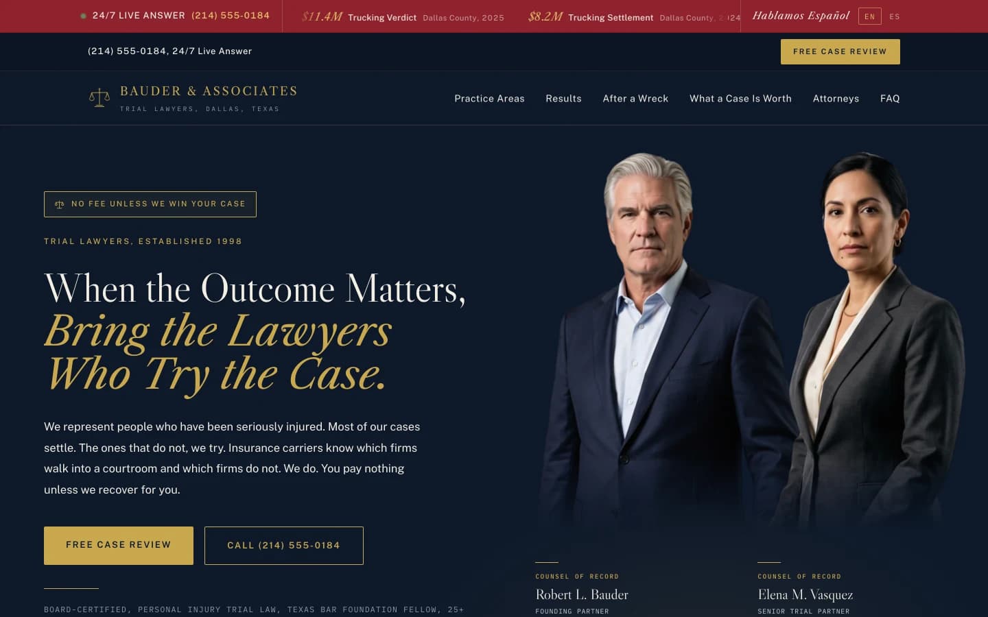 The Bauder homepage hero: cream and gold serif headline over deep navy, the no-fee badge with the line-drawn scale mark, the verdicts ticker in the oxblood strip above, and both trial partners lifted off their backgrounds, standing together on the navy over their counsel-of-record plates.