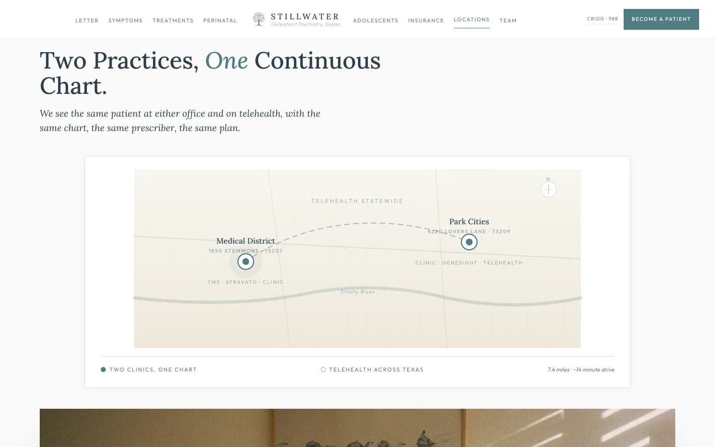 Locations section: a calm cream field on top, a two-column locations card grid below. The top band carries a small sage eyebrow reading Medical District, Park Cities, and the State of Texas, then a tall slate serif headline reading "Two Practices, One Continuous Chart." A subhead reads "We see the same patient at either office and on telehealth, with the same chart, the same prescriber, the same plan." Two location cards sit beneath. Medical District card: a small sage label reads Hospital-Adjacent, then a serif location name in deep slate reads Stillwater Medical District. Beneath, the address 1850 Stemmons Crossing, Suite 410, Dallas, TX 75207, the phone (214) 555-0432, the fax (214) 555-0433, and three short rows separated by hairline rules. THE BUILDING, a medical-office complex in the Stemmons corridor, with shared imaging and lab access and adjacency to two of the metroplex's largest hospital systems. WHAT IS HERE, all psychiatric services including TMS and Spravato delivered on site, perinatal and adolescent intakes, GeneSight testing. PARKING, structured garage at the Stemmons entrance with validated visitor parking. Park Cities card: a small sage label reads Park Cities, then a serif location name in deep slate reads Stillwater Park Cities. Beneath, the address 4220 Lovers Lane, Suite 220, Dallas, TX 75209, the phone (214) 555-0816, the fax (214) 555-0817, and three short rows separated by hairline rules. THE BUILDING, a free-standing professional office on Lovers Lane, with private waiting and easy walk-in access. WHAT IS HERE, comprehensive psychiatric evaluation, medication management, perinatal and adolescent intakes, GeneSight testing. PARKING, surface lot at the front entrance. Beneath both cards, a soft sage band notes Telehealth, with body serif reading "Virtual visits are available statewide for patients in Texas, including comprehensive evaluations, medication management, and ongoing care. The same prescriber. The same chart."