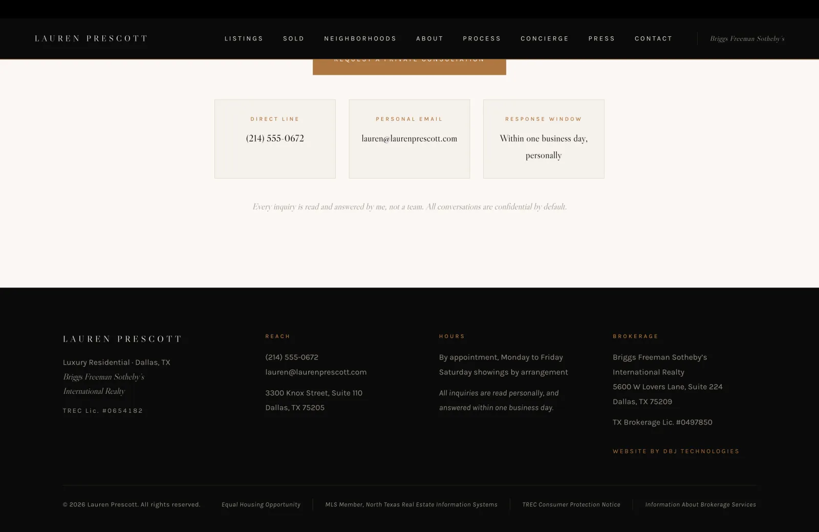 Footer section: a four-column footer on a black field. Left column shows the agent's name, "Luxury Residential, Dallas, TX," brokerage in italic, and TREC license number. Reach column lists phone, email, and street address. Hours column lists appointment hours and a personal-response note. Brokerage column lists Briggs Freeman Sotheby's International Realty, address, and TX Brokerage license number. Below, "WEBSITE BY DBJ TECHNOLOGIES" sits quietly in the brand color. A bottom strip lists Equal Housing Opportunity, MLS membership, TREC Consumer Protection Notice, and Information About Brokerage Services.