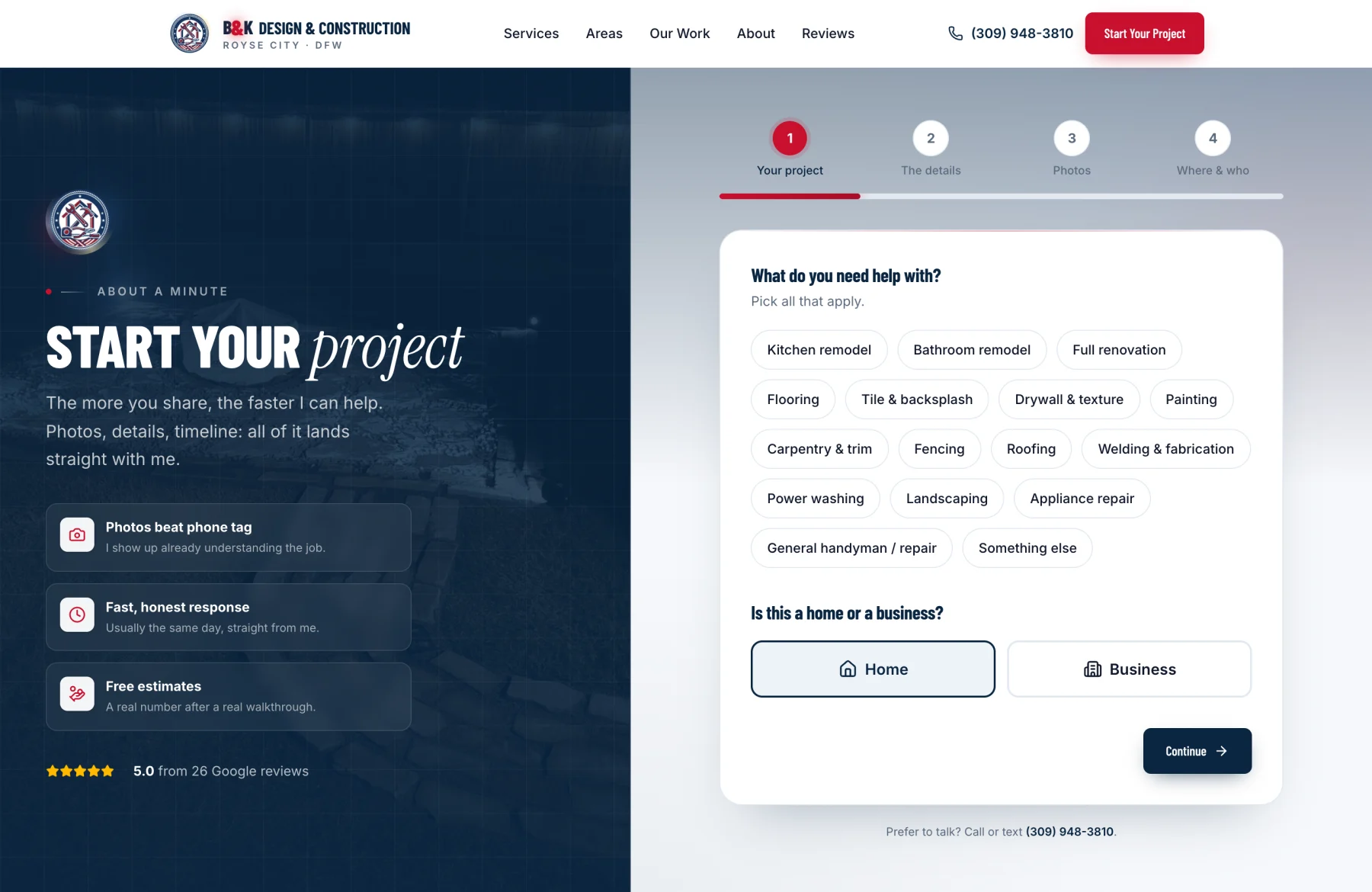 Step one of four in the B&K intake tool: a progress bar across Your project, The details, Photos, and Where and who, a project-type chip picker covering kitchen, bathroom, flooring, carpentry, fencing and roofing work, and a home or business toggle
