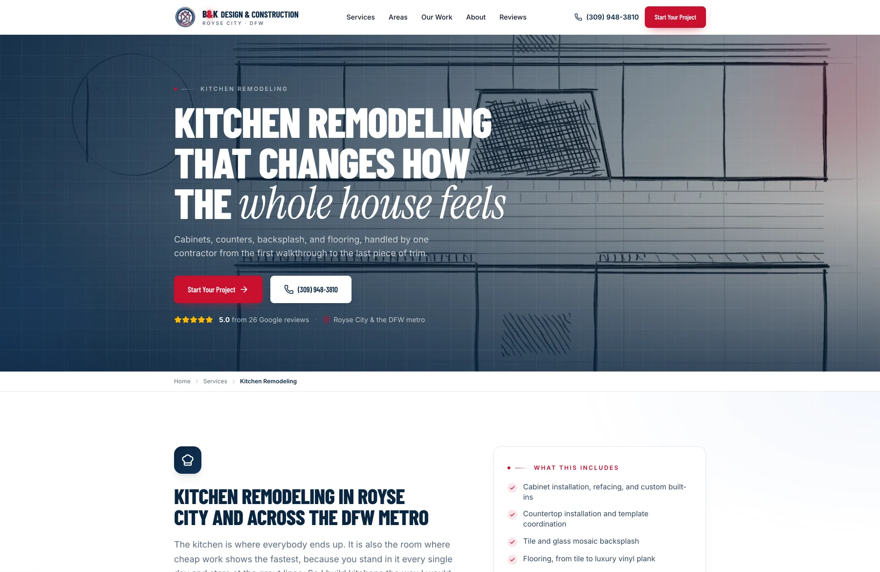 The B&K kitchen remodeling page, its headline set over a hand-drawn pencil sketch of kitchen cabinetry and shelving that sits behind a navy wash