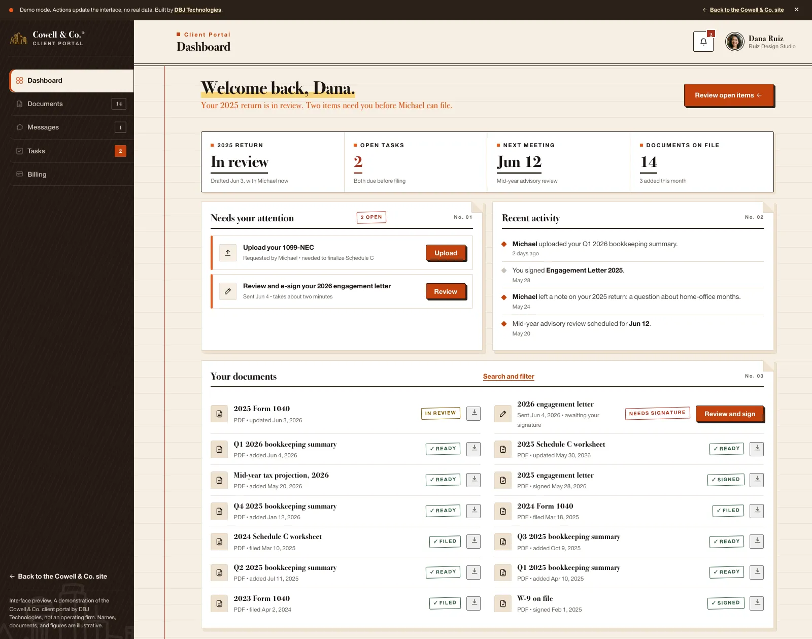 The Cowell and Co. client portal dashboard: return status, open tasks, recent activity, and documents on file.