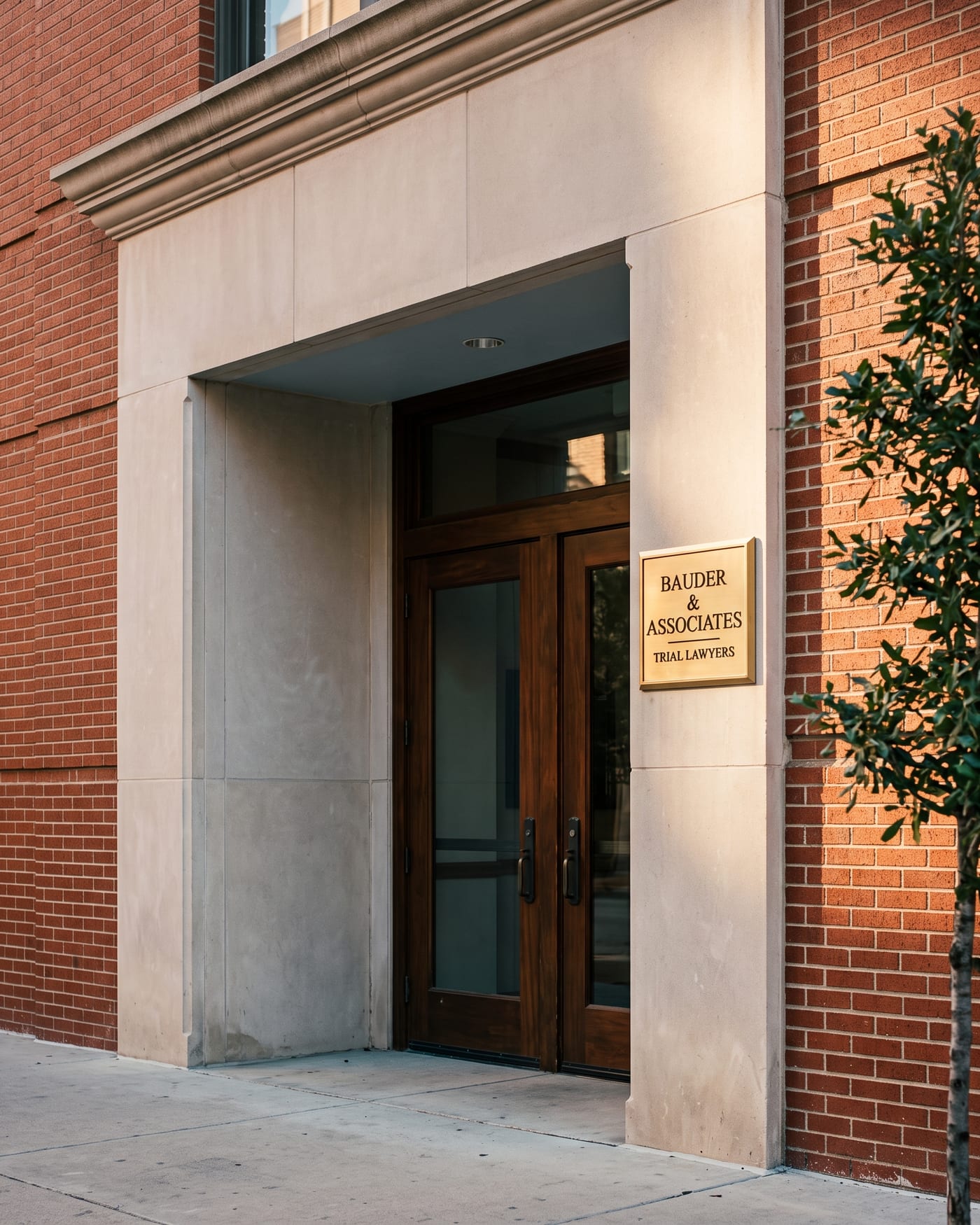 The firm's Fort Worth entrance: a carved limestone surround in a red brick building, tall wood doors and a brass plaque reading Bauder and Associates, Trial Lawyers