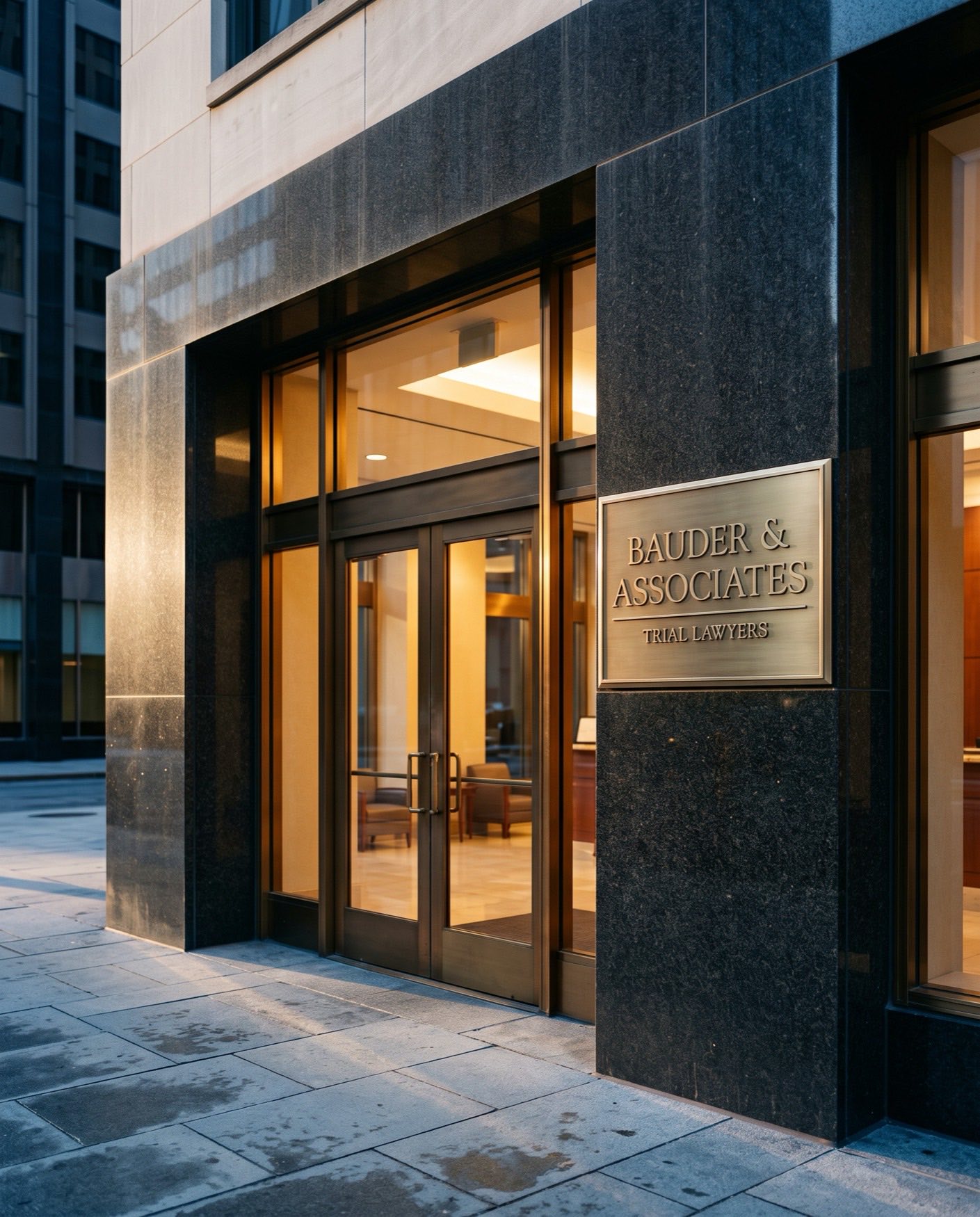 A brass plaque reading Bauder and Associates, Trial Lawyers, mounted on the dark granite pier beside the firm's lit entrance