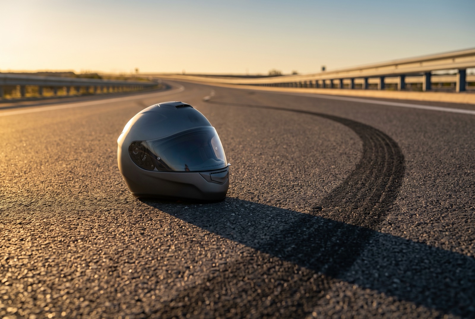 A full-face motorcycle helmet set upright on highway asphalt at golden hour, a long skid mark curving past it into the distance
