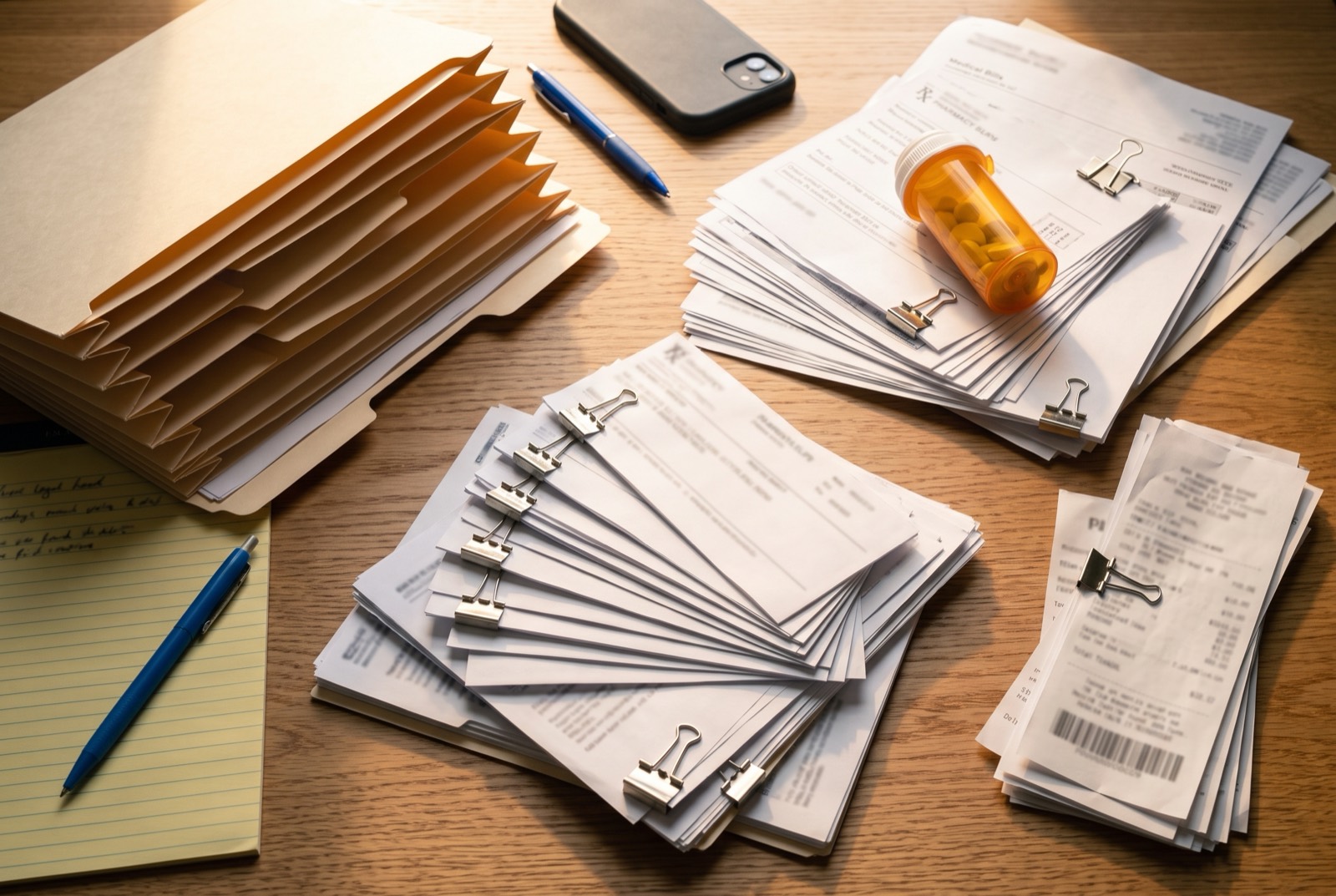 A tabbed accordion file open on a table beside stacked medical bills, itemized statements, a prescription bottle and a notepad